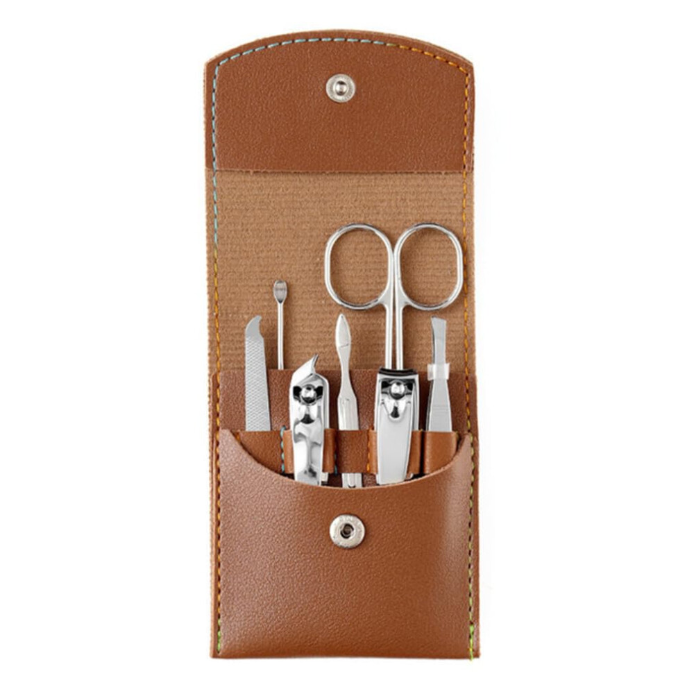 Brown 7Piece Stainless Steel Manicure Set With Nail Clippers For Travel Pedicure Grooming, Case