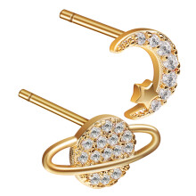 3Pairs Lightweight Copper Gold Planet and Moon Stud Earrings for Women