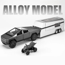 1/32 Tesla Cybertruck met touringcar, camper, caravan, gegoten metalen miniatuurmodel met terugtrekmechanisme, geluid en licht, verzamelobject,