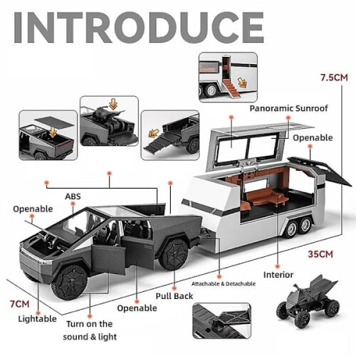 1/32Tesla Cybertruck με αυτοκίνητο τουρισμού, τροχόσπιτο, χυτό μεταλλικό παιχνίδι, 1