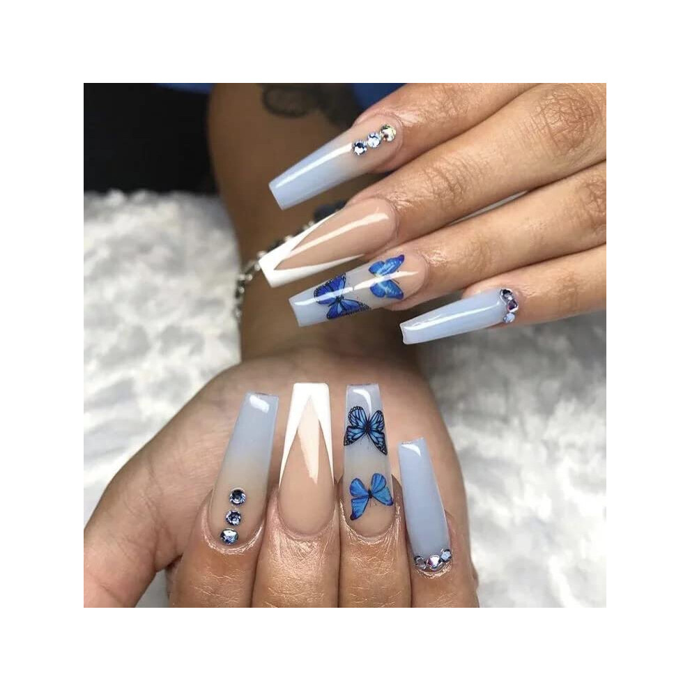 Blue Reusable Coffin Butterfly Press On Nails Set French Long Ballerina Acrylic Fake Nails 26Pcs
