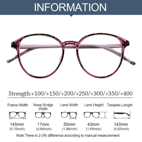 Lesebrille mit Blaulichtfilter, runde Brille, Lila, Stärke 400 1