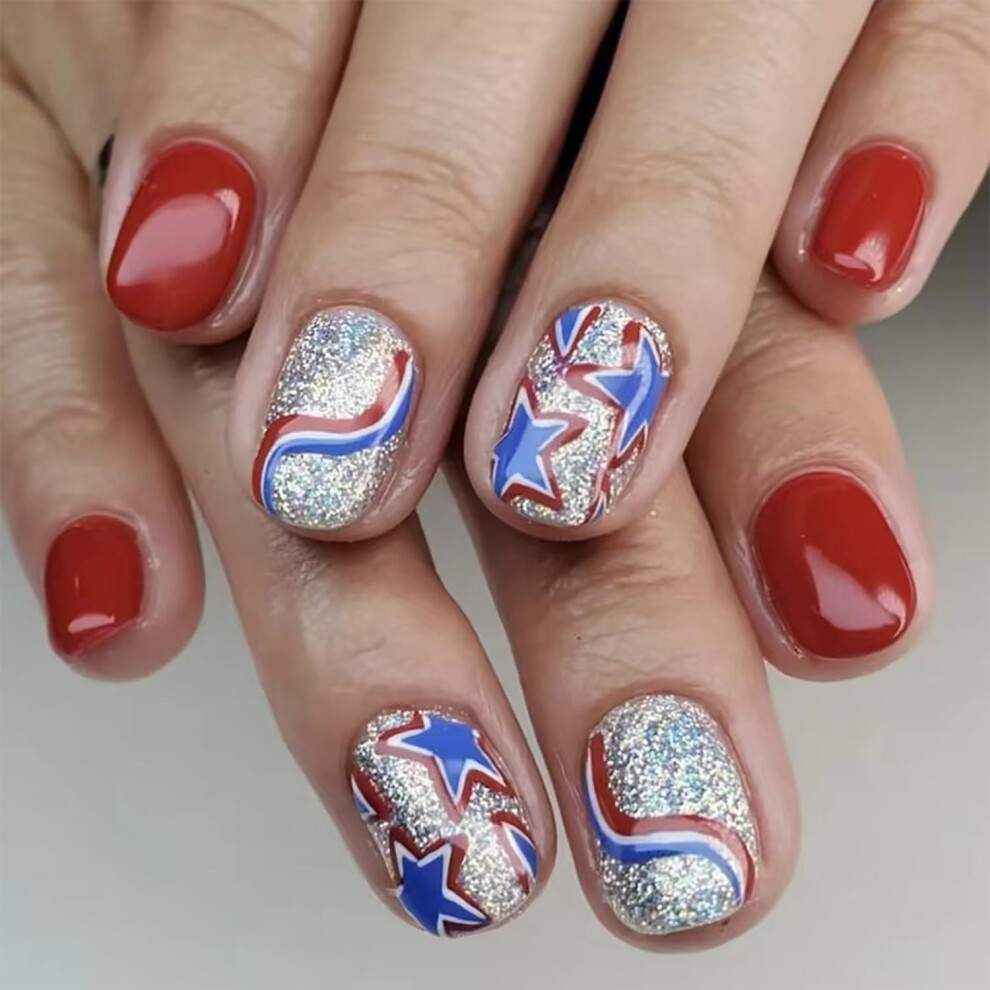 Blue,White,Red 24Pcs 4Th Of July Press On Nails With Glue Patriotic Red White Blue Glitter Fake Nails Set