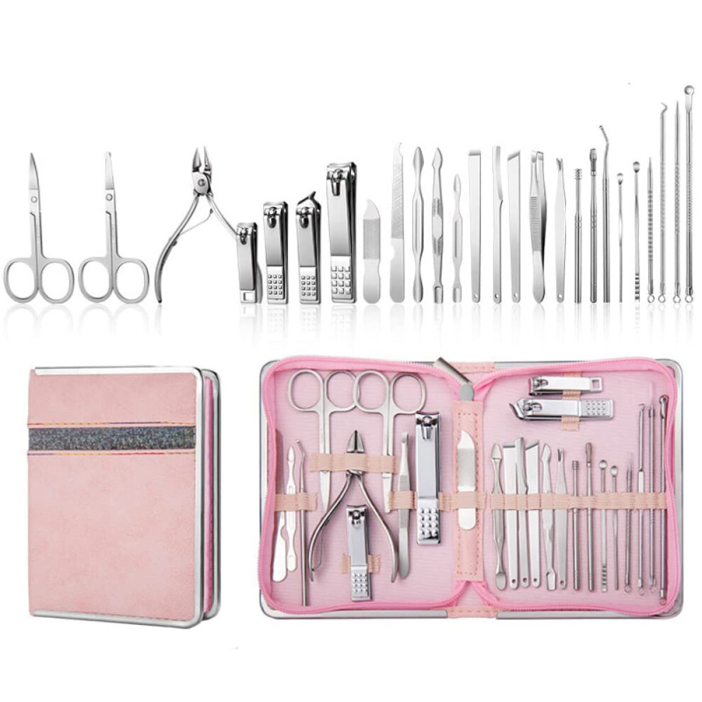 Stainless Steel Manicure Set 26 Pcs with Professional Nail Clippers and Travel Leather Case