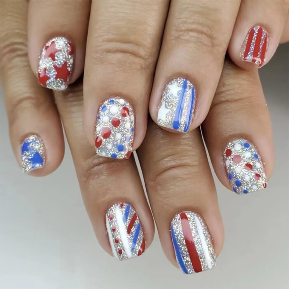 Fourth of July Press On Nails Glitter Stripe Square Fake Nails Independence Day Nail Art Decorations
