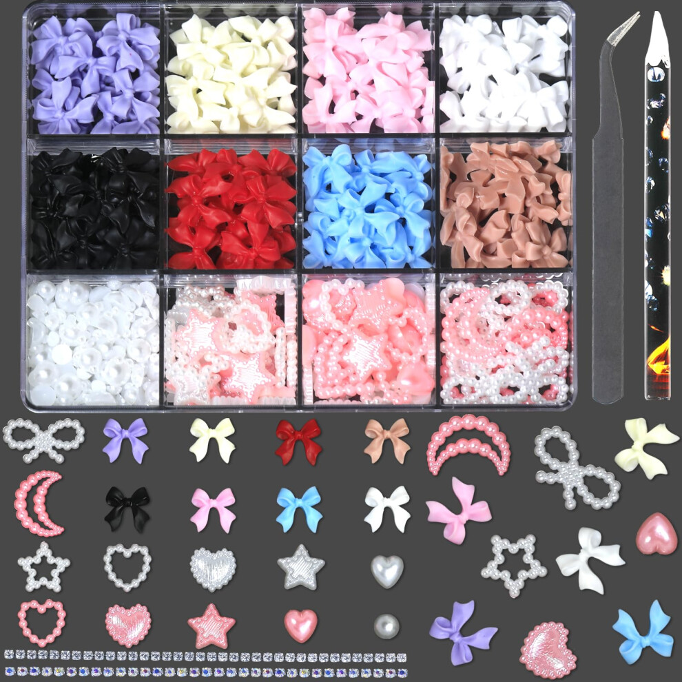 3D Nail Charms and Rhinestones Kit with Pearls Hearts Bows Stars 50pcs plus Tweezers Pen