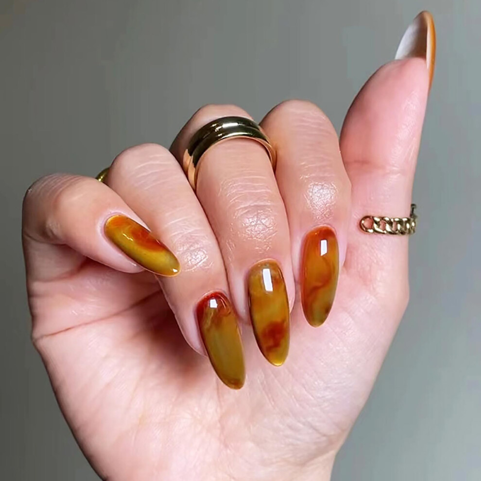 Yellow and Red Ombre Press On Nails Short Almond Glossy Marble Fake Nails 24pcs Acrylic Set