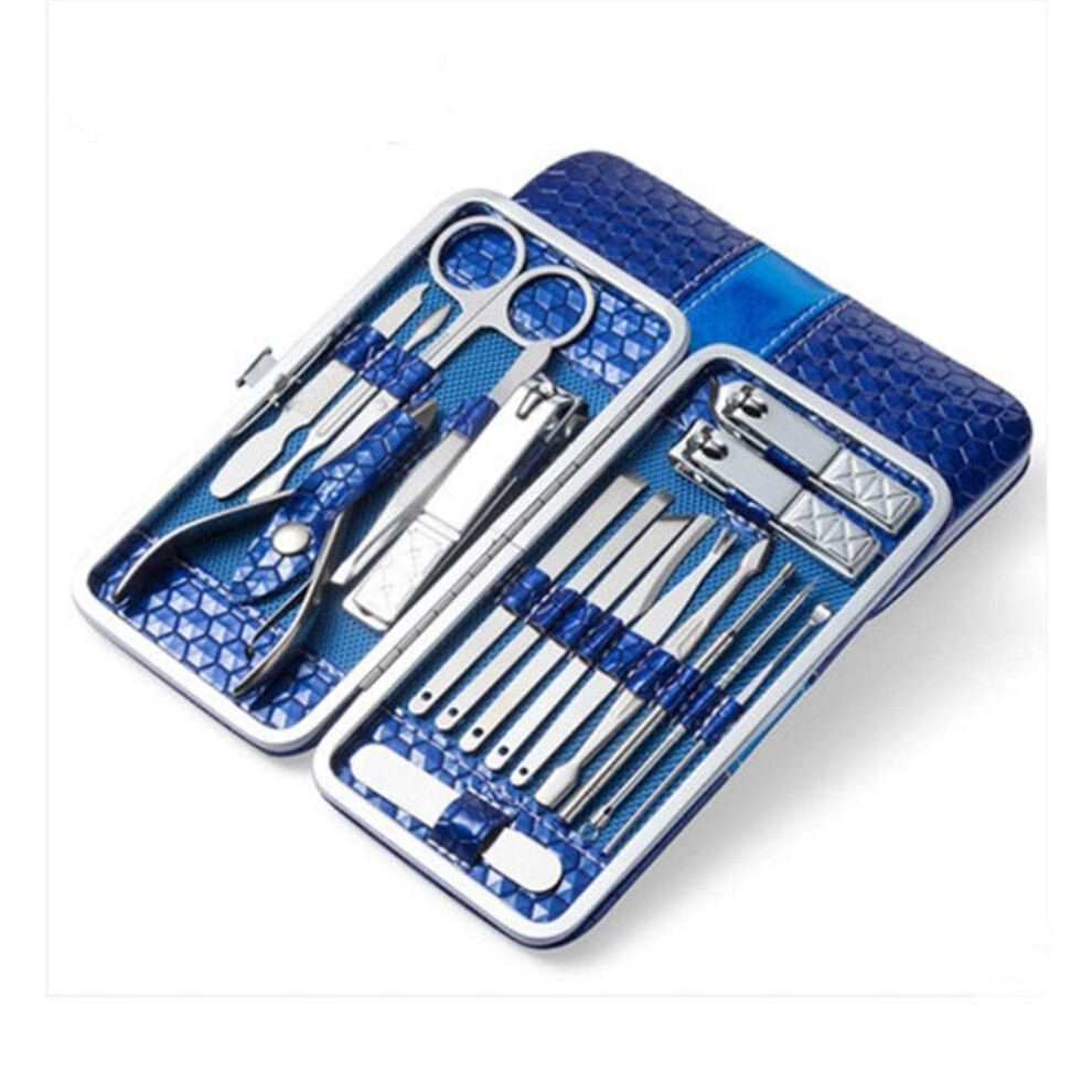 Brown/Blue 18Pcs Stainless Steel Manicure Set With Nail Clippers Scissors And Tools, And