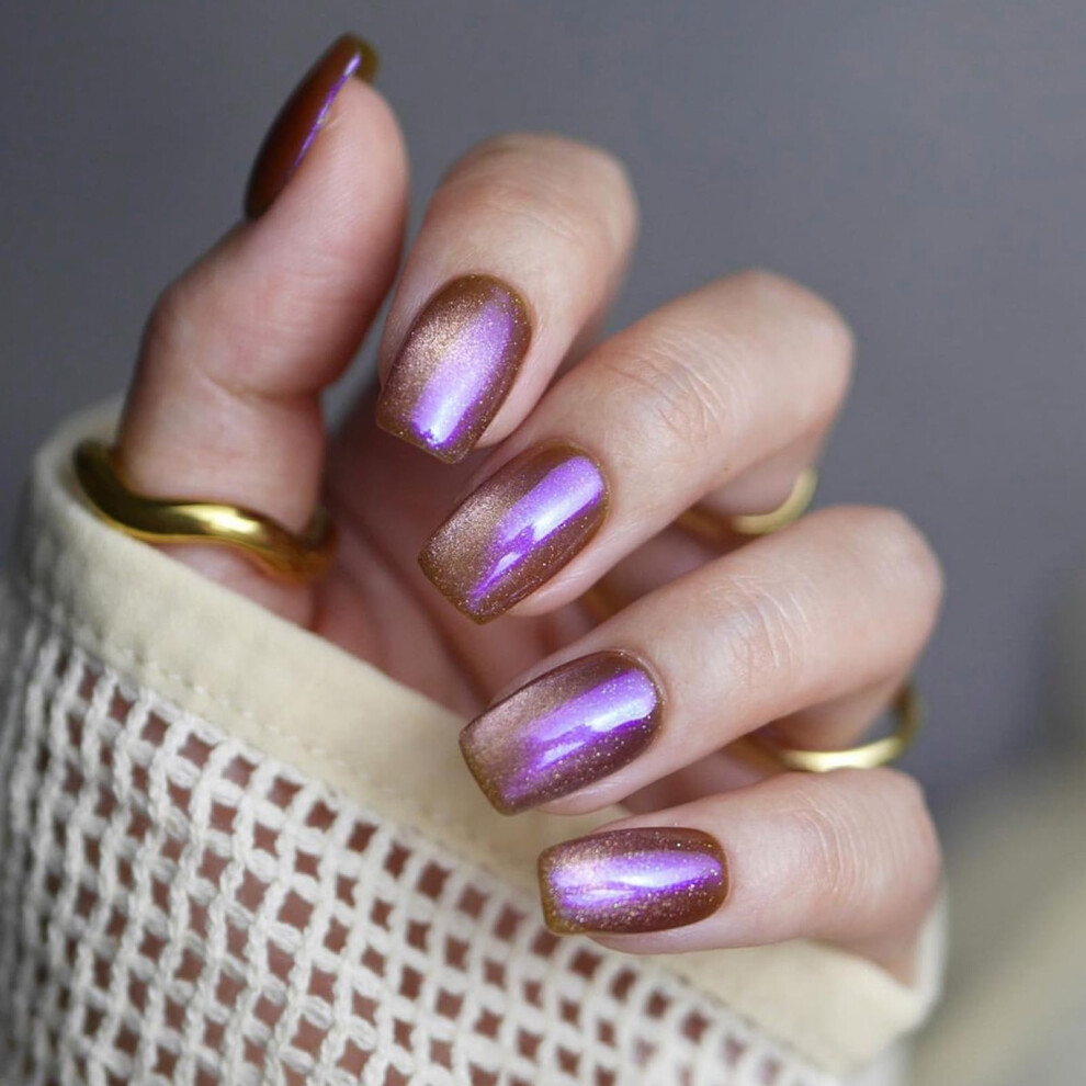 Purple Aurora Medium Square Press On Nails With Glue, Reusable Acrylic Fake Nails Set 24Pcs