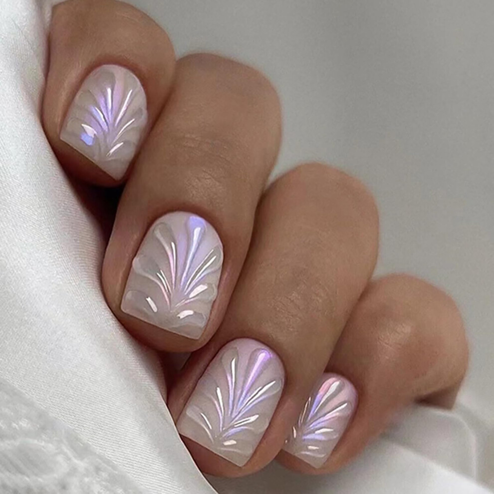 Press On Nails Short Square Acrylic False Nails with Laser Mermaid Design, Reusable 24pcs Set