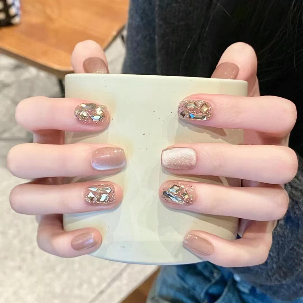 Cream 24Pcs Nude Square Press On Nails With Cat Eye Shimmer And Rhinestone Accent For Instant Salon Manicure