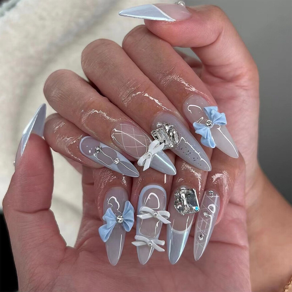 Blue Press On Nails Set With Glue, 24Pcs Medium Length False Nails With Rhinestones And Pearls