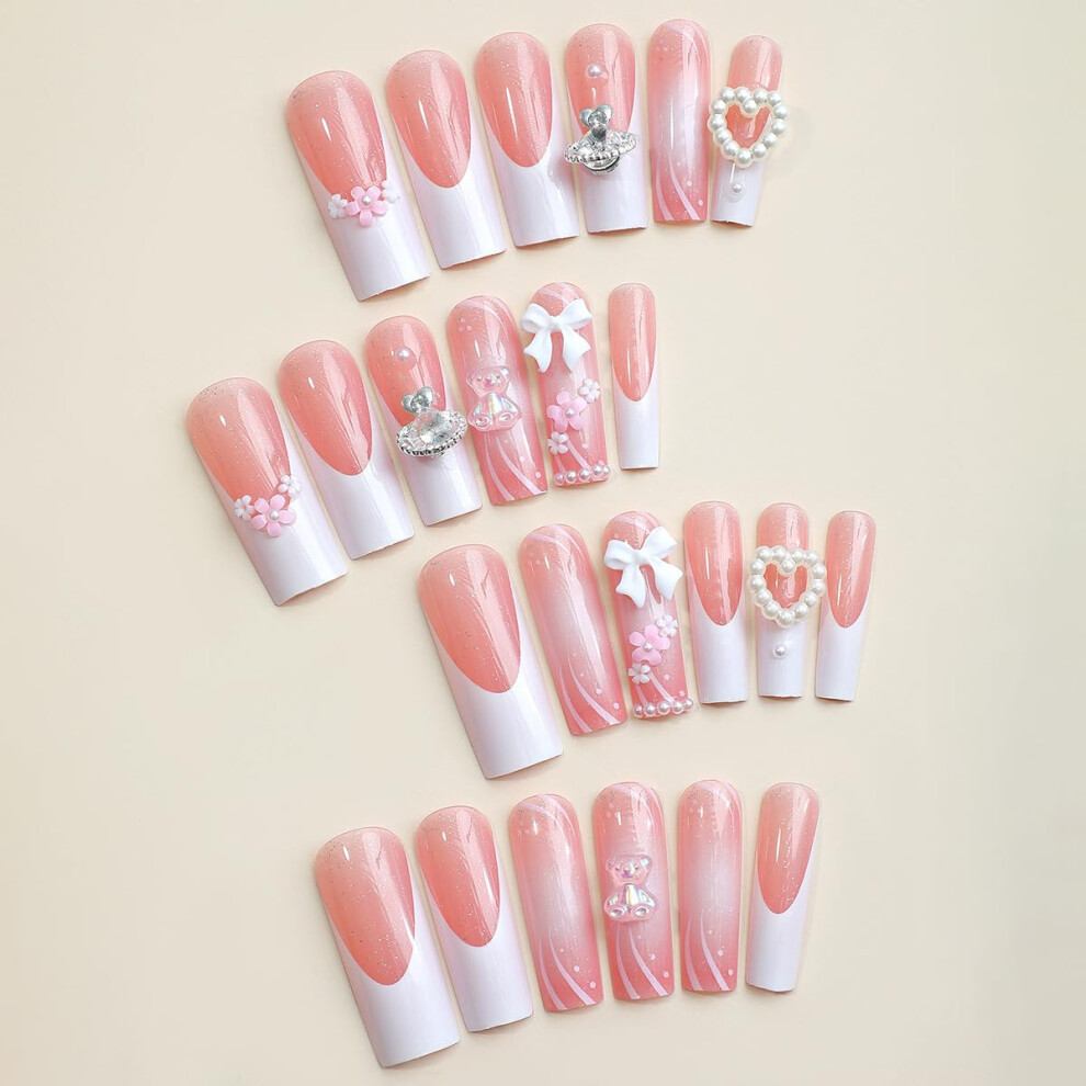 24 Piece Pink Butterfly Press On Nails Set, Reusable Acrylic Fake Nails, LongLasting Wear