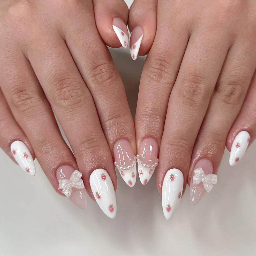White Medium Almond French Tip Press On Nails With Pearl Bow And Strawberry Design, 24Pcs Full Cover