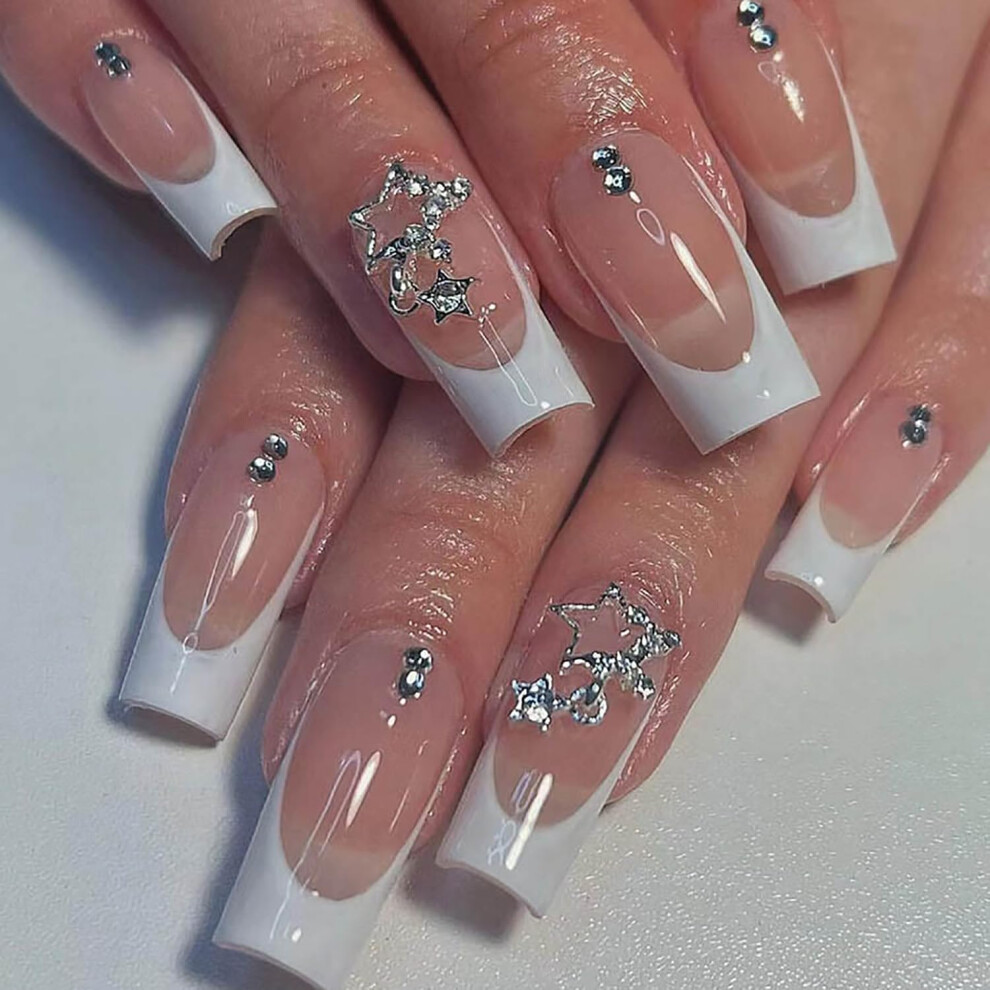 24Pcs Long Coffin French Tip Press On Nails with Stars and Rhinestones, Reusable Full Cover Fake Nails for Women