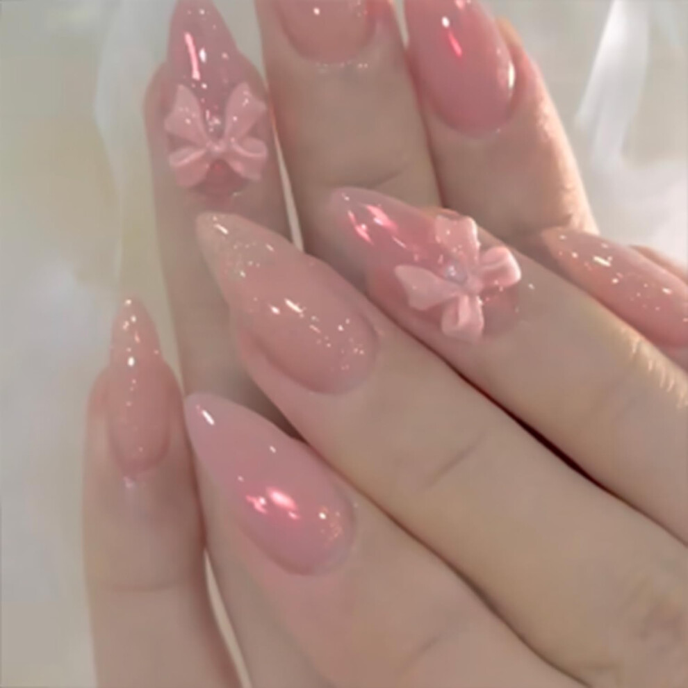 Pink Almond Press on Nails with Bows, Reusable Gradient Acrylic Fake Nails with Adhesive Stickers