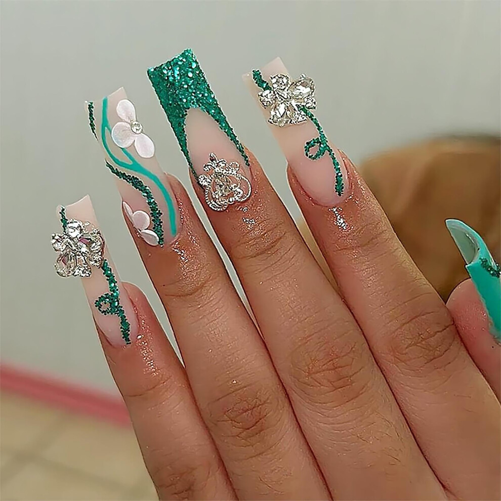 Green Press On Nails 24Pcs French Tip False Nails With Butterfly Flower Glitter Square Shape