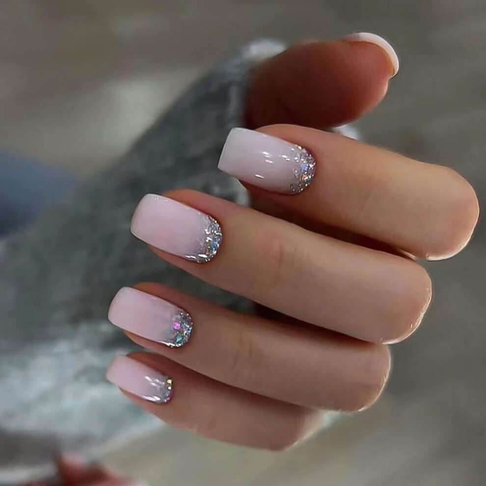 Pink Medium Acrylic Press On Nails Square Glitter Glossy Fake Nails For Women 24Pcs Salon Style