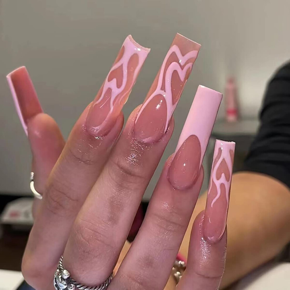 Pink,Purple Press On Nails 24Pcs Long Coffin Fake Nails With Glue, French Love Pink Purple, Multiple Sizes