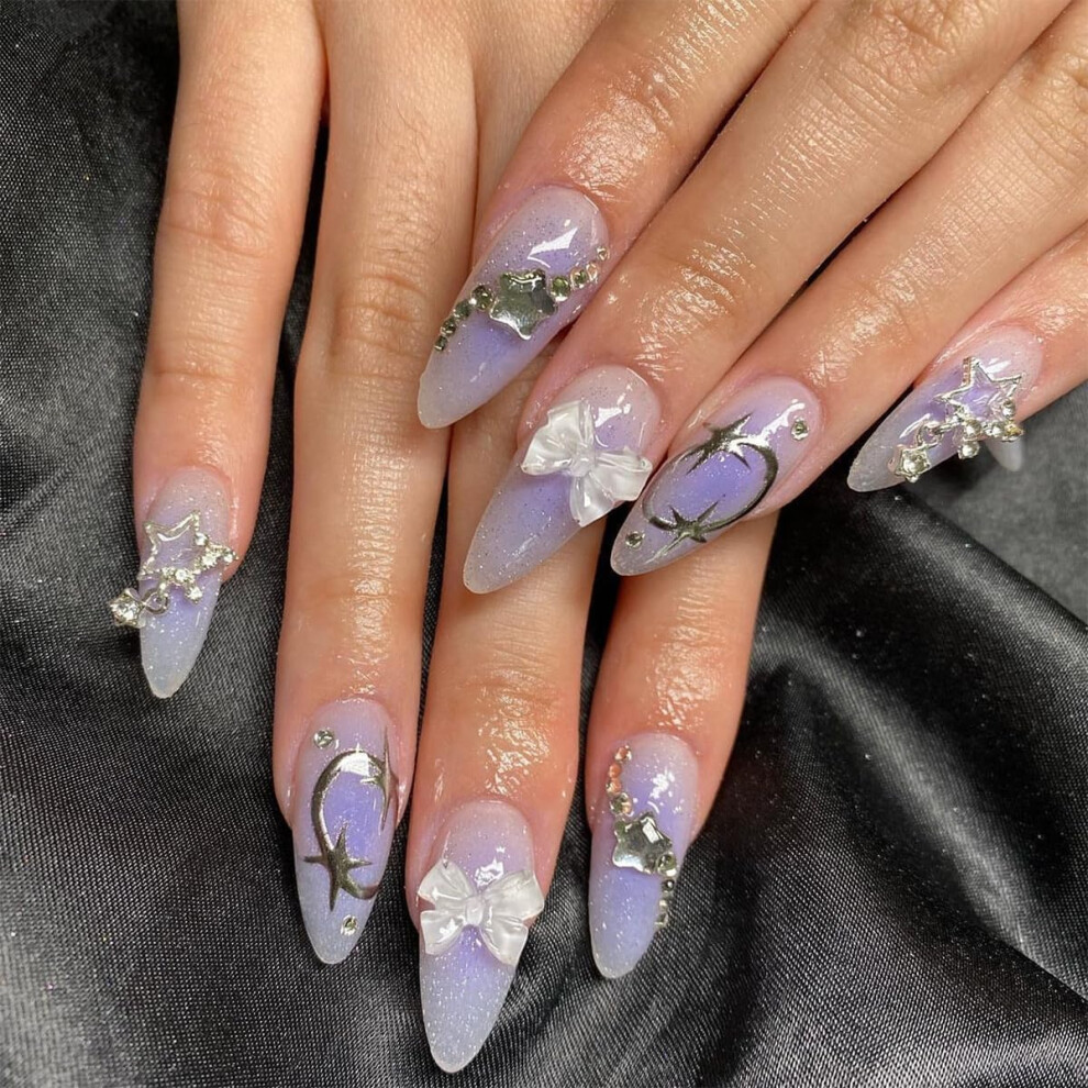 Press On Nails Stiletto Gradient Acrylic False Nails Reusable Full Cover Tips with Glue 24 Pcs