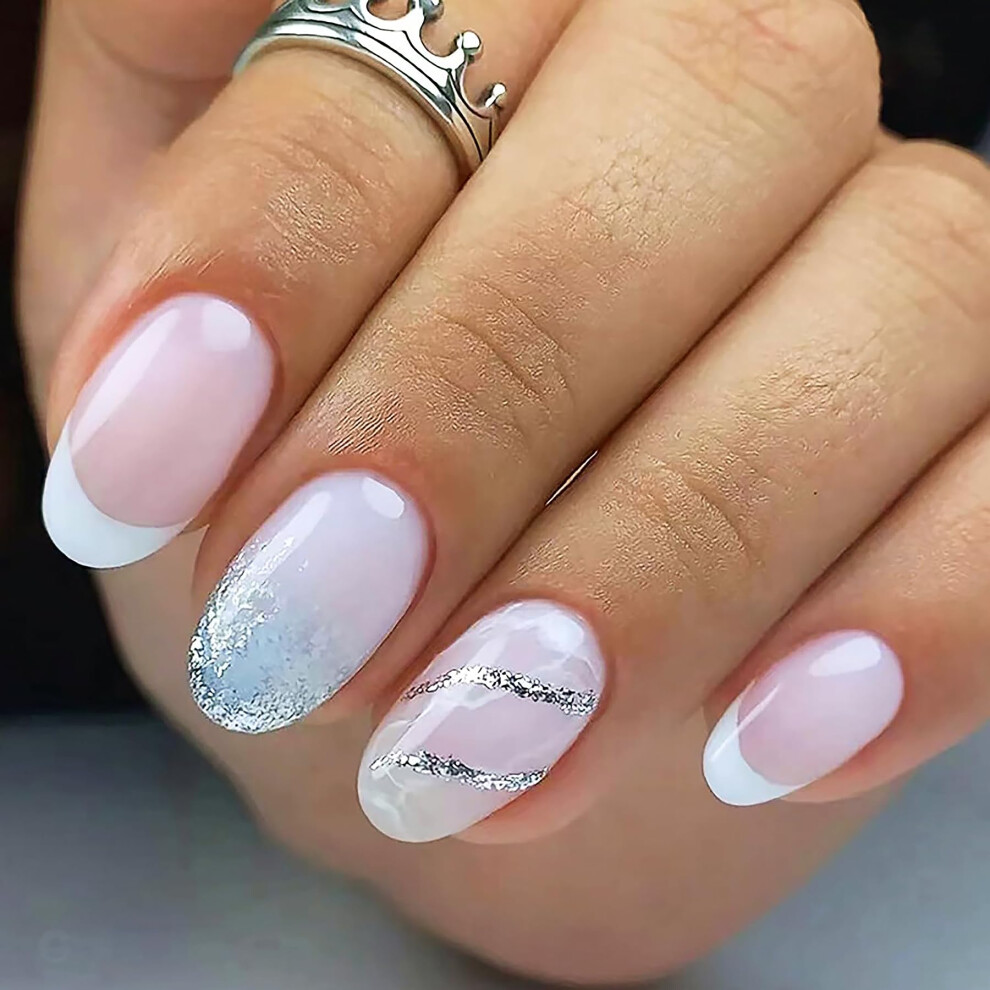Press On Nails Almond Shape with Glitter French Tips, 24pcs Medium Length Fake Nail Set