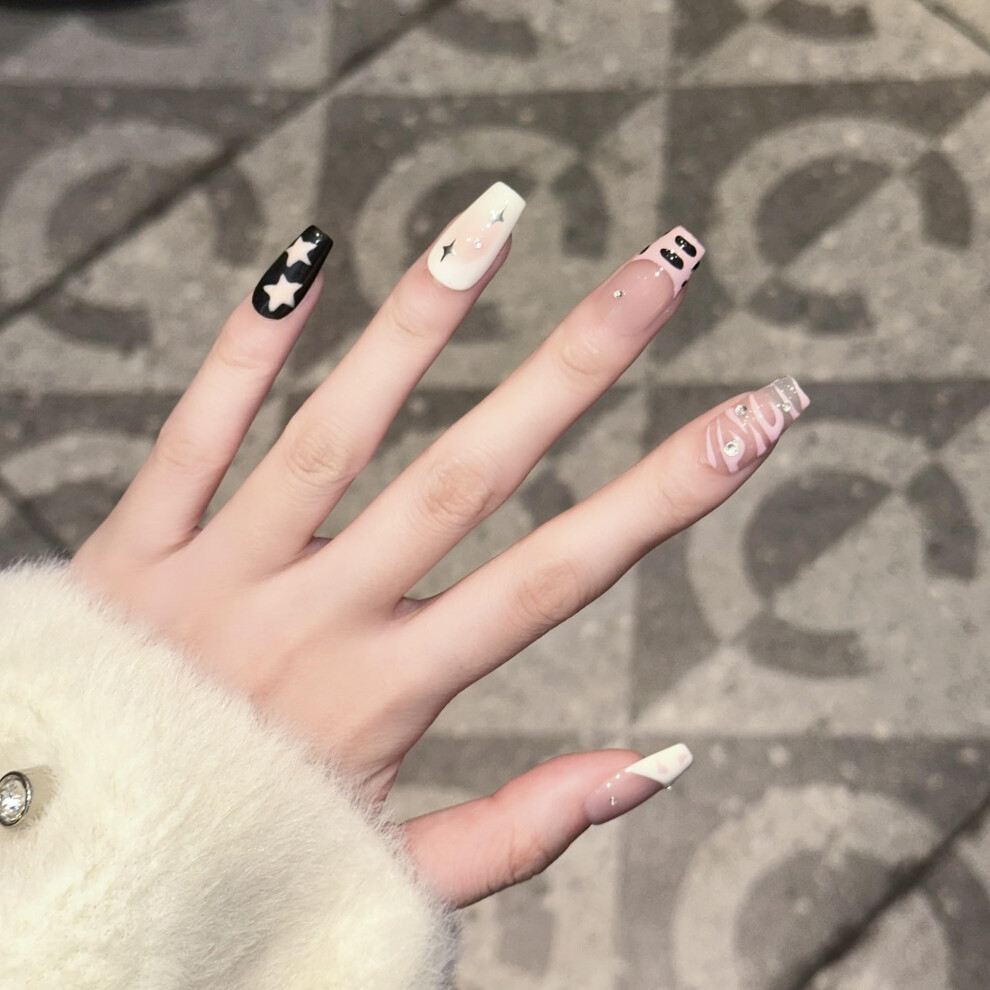 Press On Nails Pink Coffin French Tip with Rhinestones, Reusable Gel Finish, Handmade Detailing