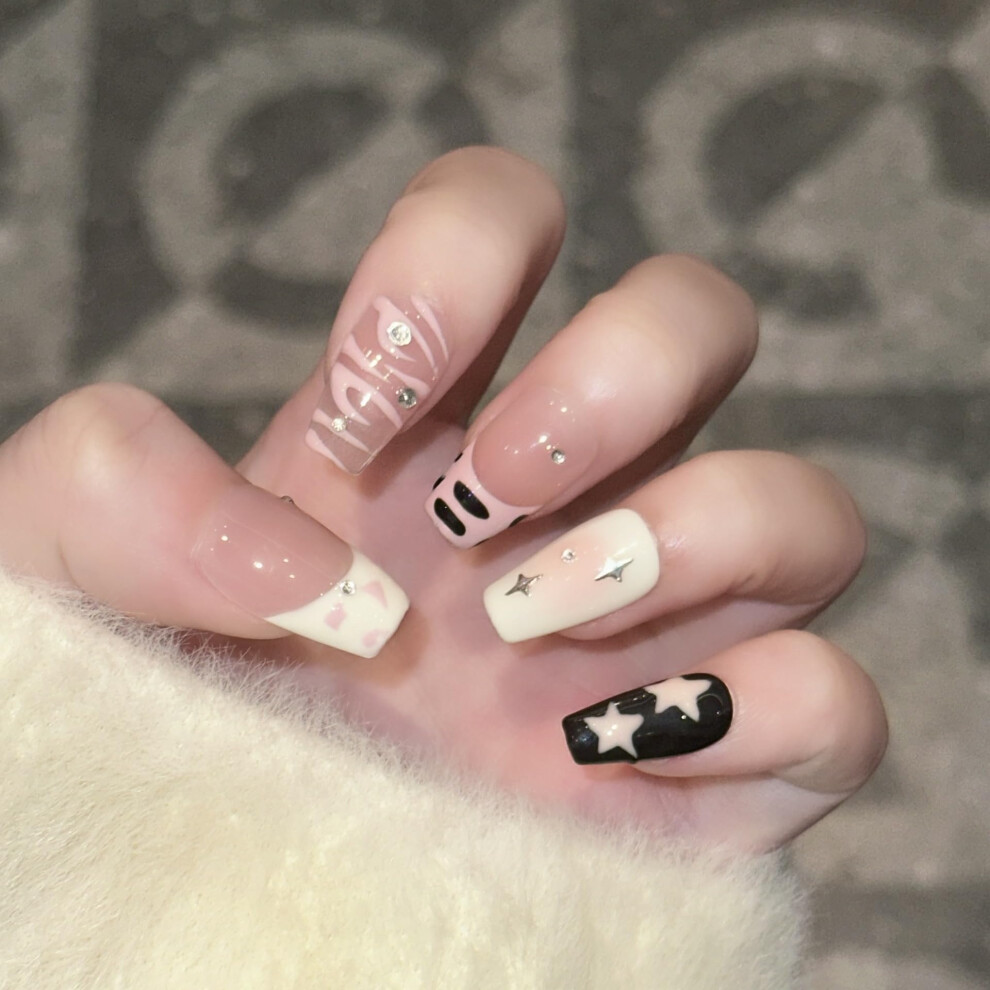 Pink Reusable Coffin Press On Nails French Tip Medium Glue On Set With Star Rhinestones