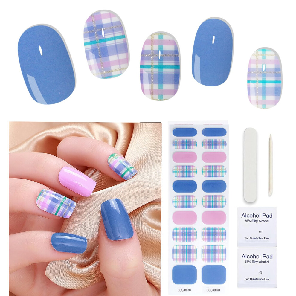 Powder Blue Semi Cured Gel Nail Strips Plaid, Salonquality Uv Gel Polish Stickers For Easy Diy