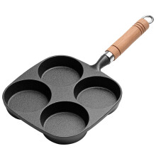 Breakfast Cookware Set Cast Iron, 4 Cup Egg Pan With Natural Non Stick Surface, Wooden Handle Fryer Suitable For Induction Gas Ceramic Stovetops