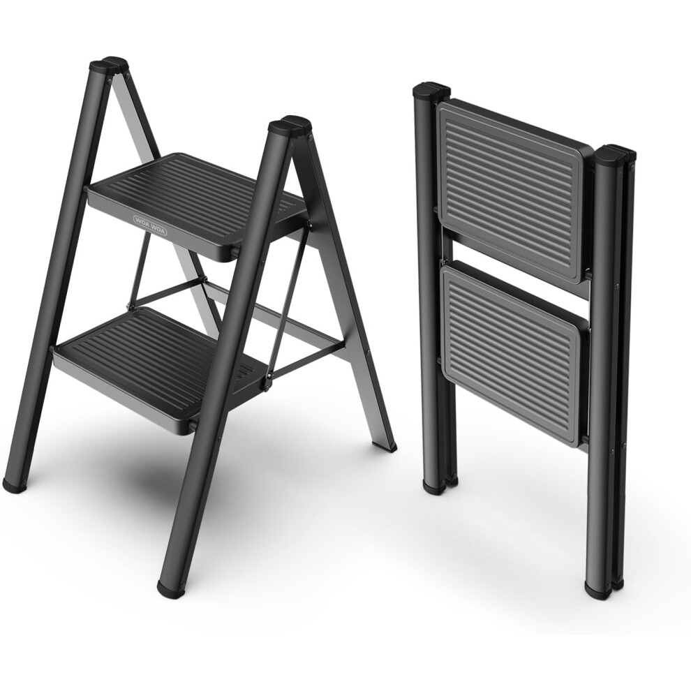 2 Step Ladder, Foldable Step Stool With Wide Pedals, Portable For Adults, Sturdy Steel, Anti-Slip Feet, 330 Lbs Capacity - Black 9433291389492