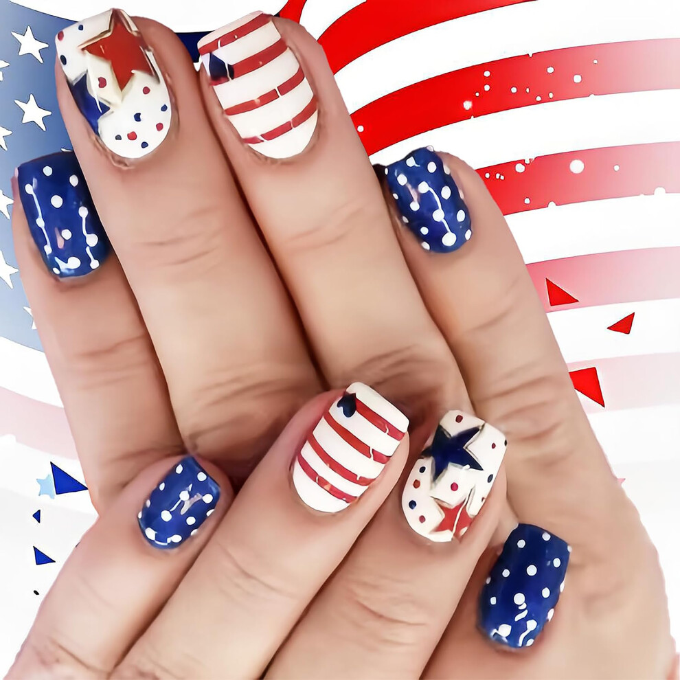 Patriotic Press On Nails Short Square American Flag Design for Fourth of July 24Pcs