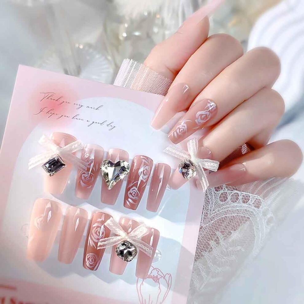 Pink Coffin Press On Nails With Giant Rhinestones, Long Glossy Full Cover Reusable Set 24Pcs