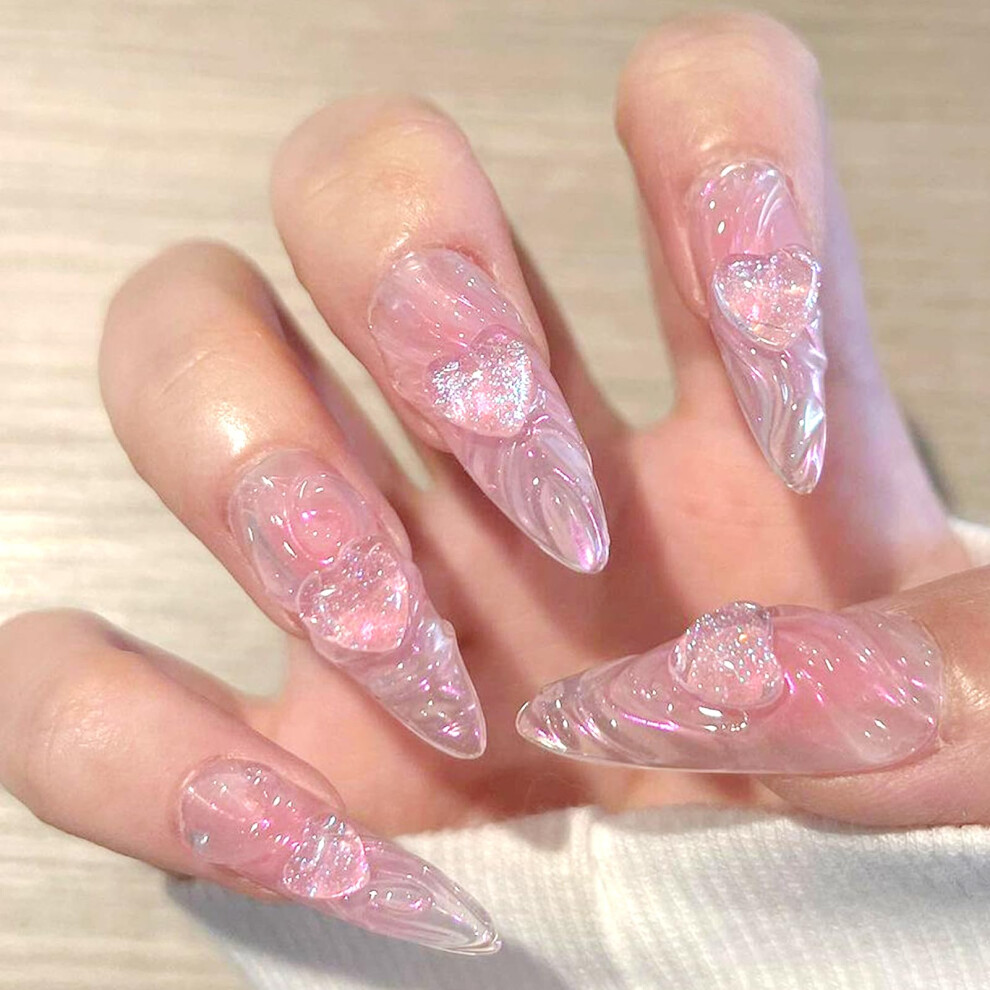 Pink 24Pcs Long Almond Press On Nails With 3D Ripple Design, Reusable Fake Nails For Women