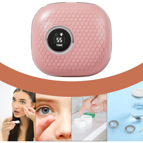 Contact Lens Cleaning Machine with Precision Vibration, Rechargeable TypeC, LED Mirror, Pink 2