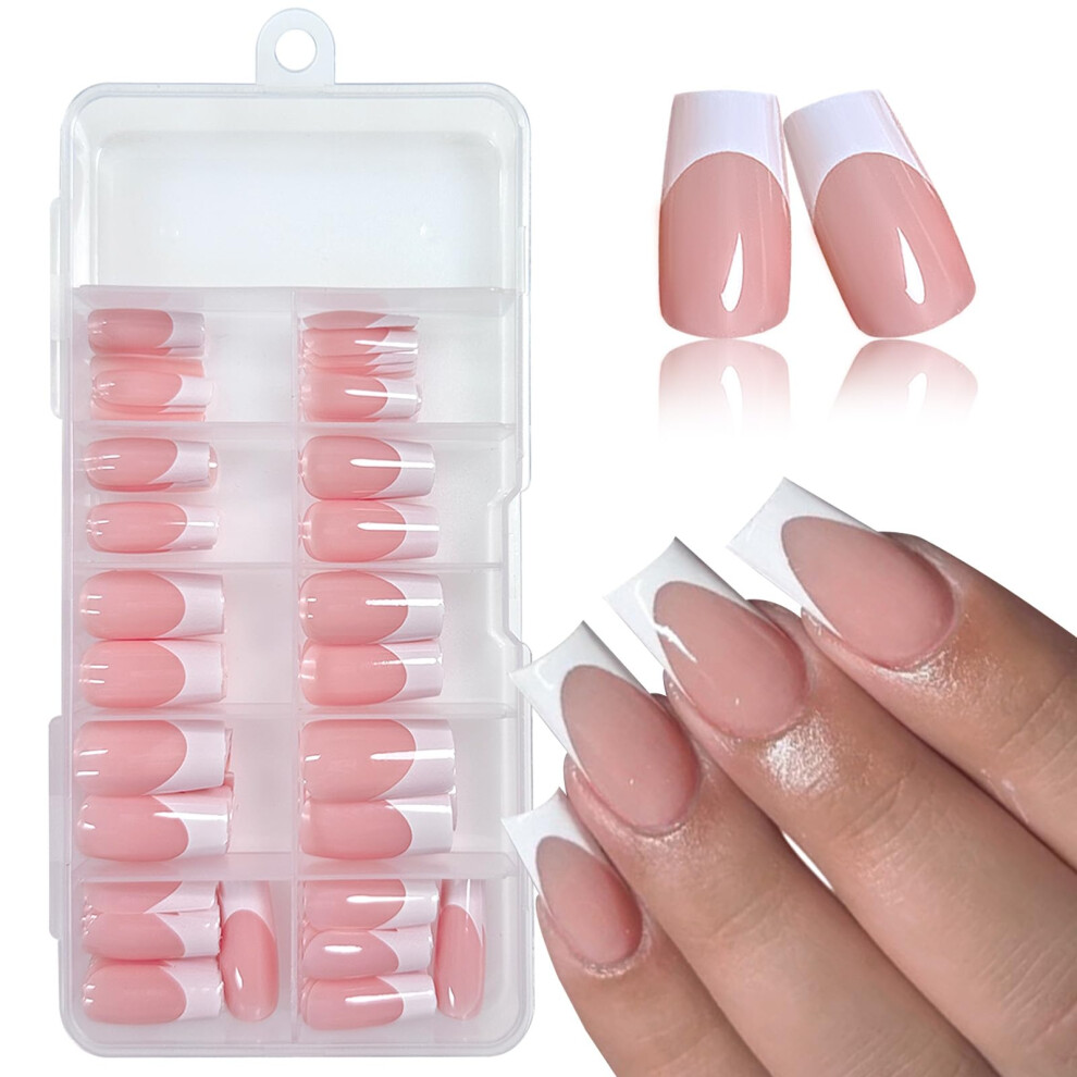 White Short Square French Tip Press On Nails Glossy Fake Nails Reusable Acrylic Nail Kit 120Pcs