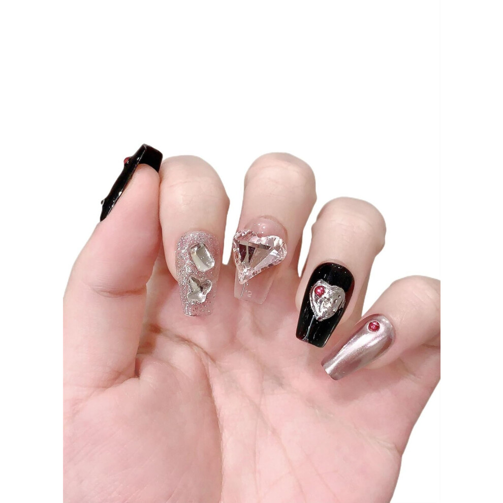 Colorful Rhinestone Press On Nails XS Short Glitter Fake Nails for Women Instant Salon Look
