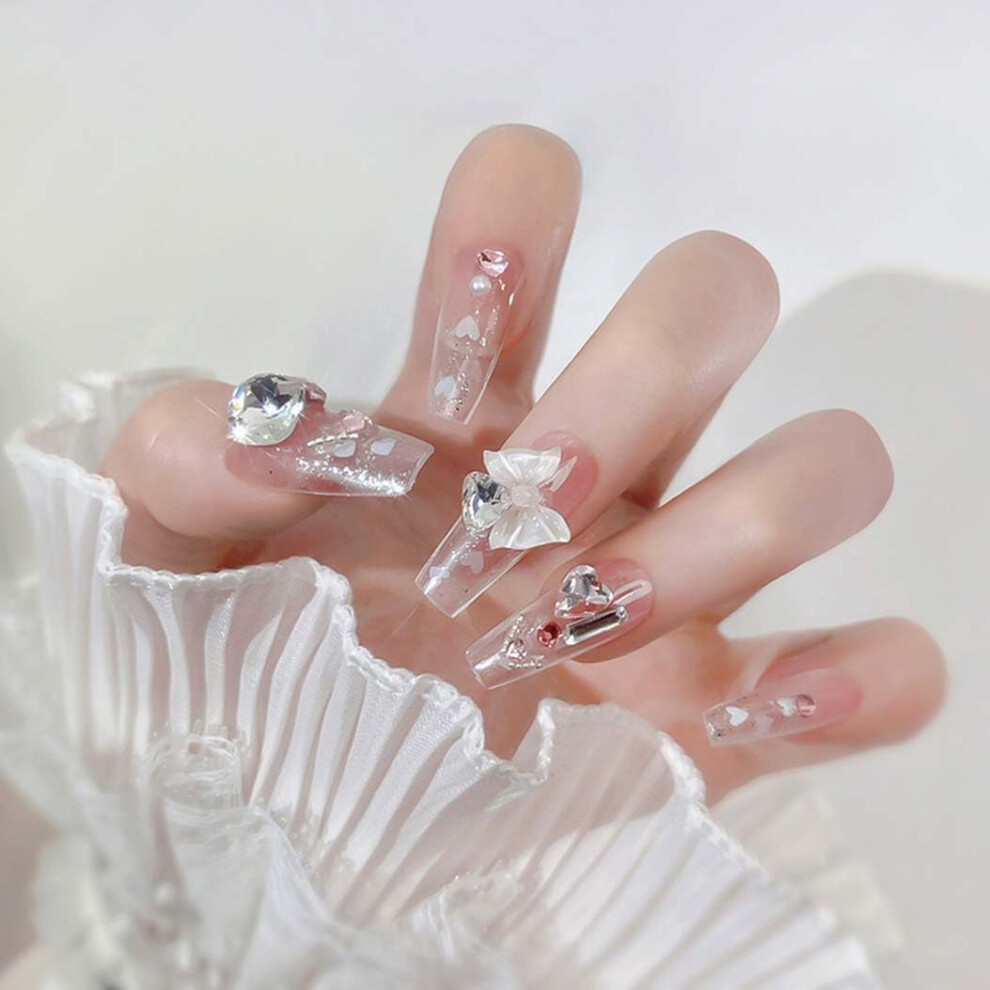 Pink Coffin Press On Nails With Giant Rhinestones, Long Glossy Full Cover Fake Nails 24Pcs Set