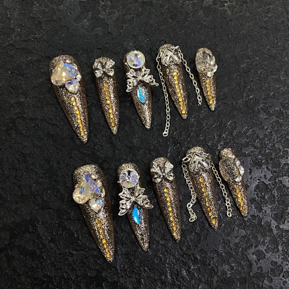 Handmade 3D Gold Stiletto Press On Nails Acrylic False Nails Reusable Luxury Gift Set