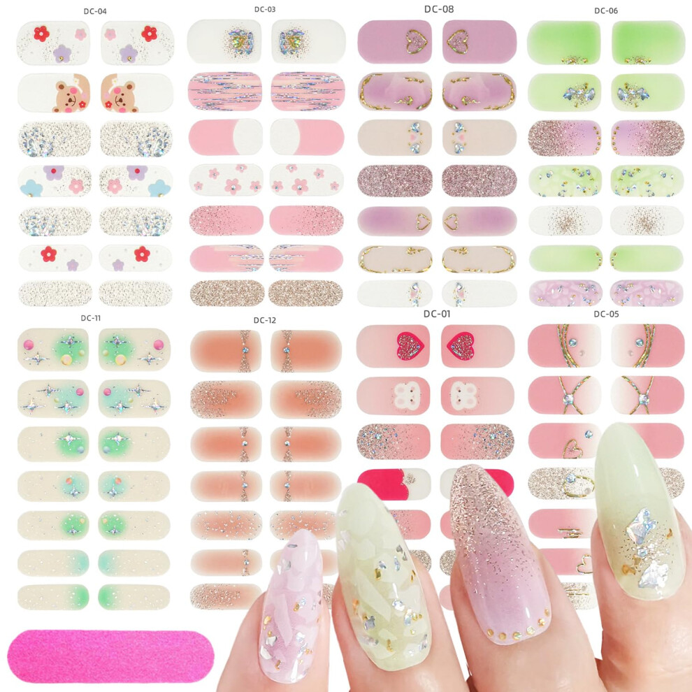 8 Sheets SelfAdhesive Nail Wraps with Spring Flowers and Glitter Rhinestone Decals for Women