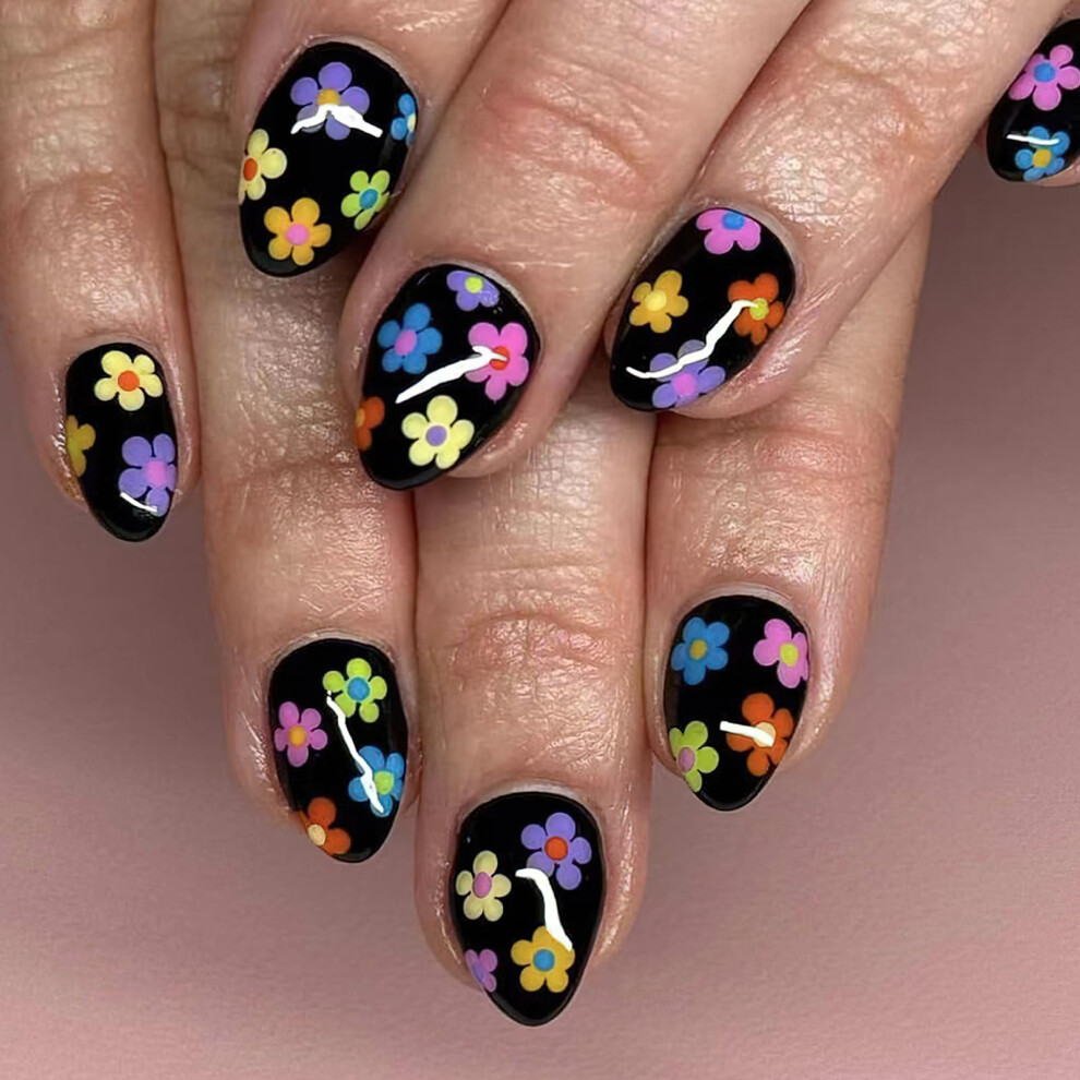 Short Almond Press On Nails Glossy Floral Fake Nails Set Reusable SalonStyle Manicure 24Pcs