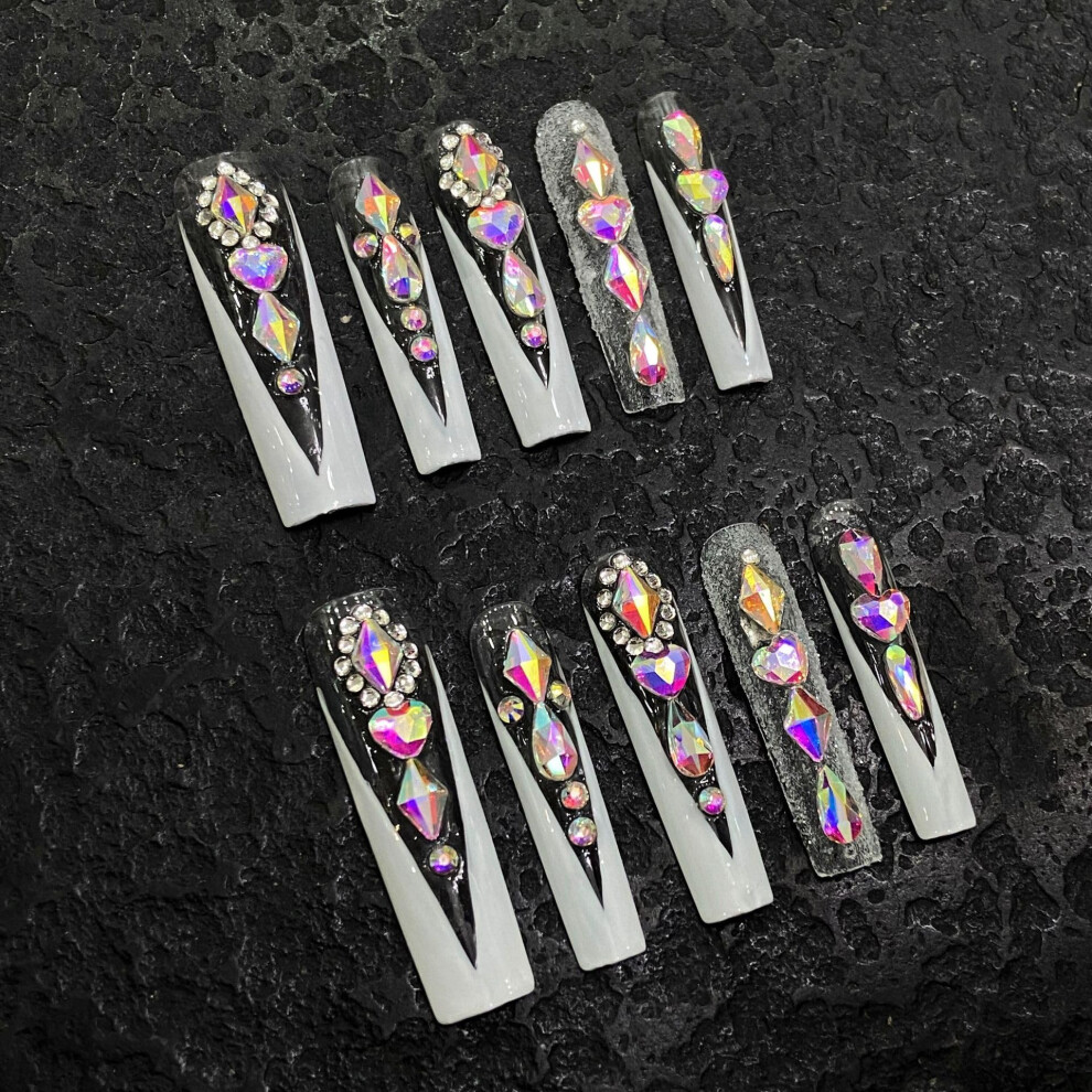 Handmade 3D Press On Nails French Tip Fake Nail Set with Glue Luxury Reusable Manicure Kit