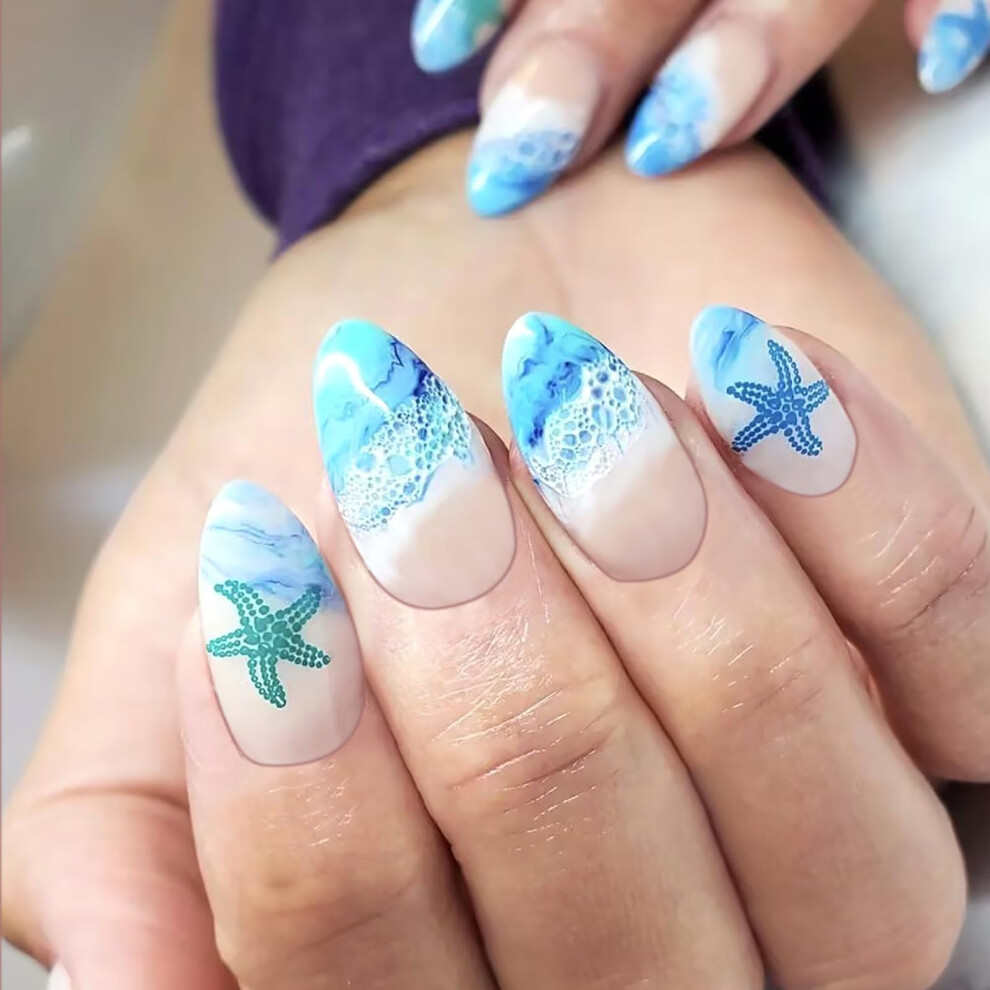 Blue Medium Almond Gradient Press On Nails Ocean Theme Starfish Design Reusable Full Cover