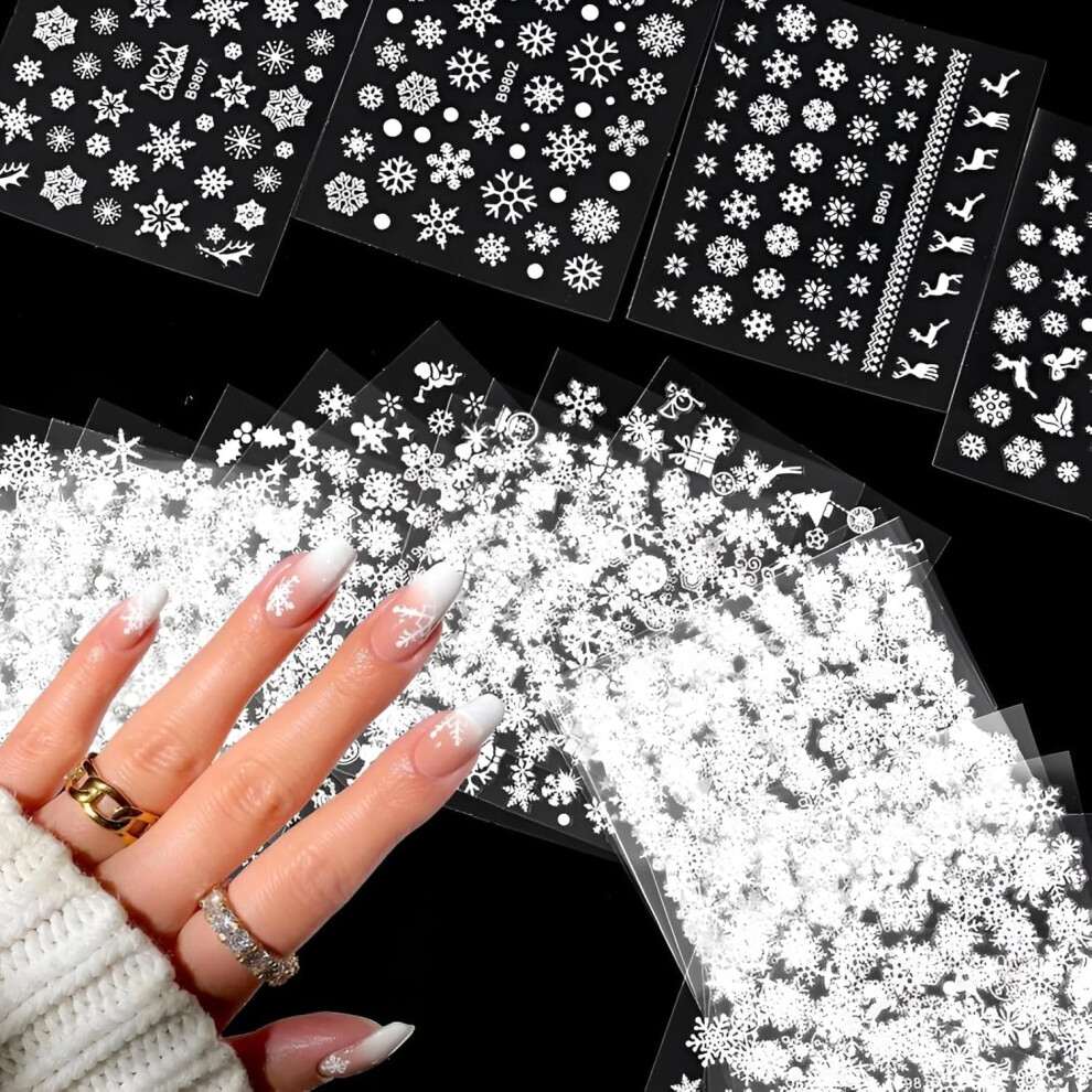 White Christmas Nail Art Stickers 30 Sheets 3D Self Adhesive Snowflake Decals For Winter Holiday Nails