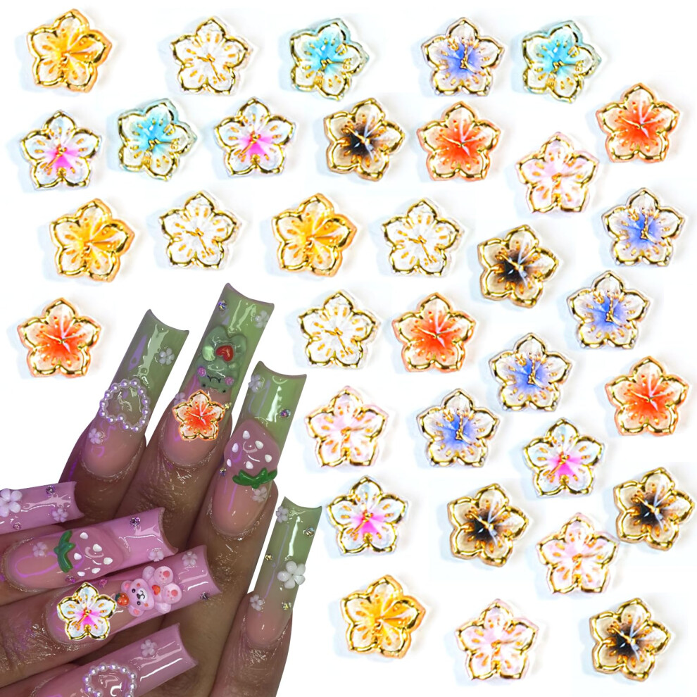 Gold 3D Nail Charms Flower Nail Art Decorations 50Pcs Colorful Resin Cherry Blossom Gems For Diy Manicure