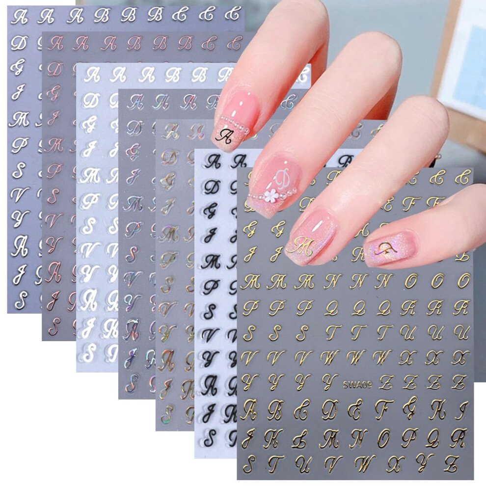 Black/White/Gold Old English Letter Nail Art Stickers 7 Sheets Selfadhesive 3D Alphabet Decals For Nails
