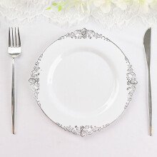 BalsaCircle10Witte Ronde 8" Wegwerp Plastic Salade- en Dinerborden met Zilverkleurige Barokrand en Reliëf voor Feest- en Evenementendecoraties