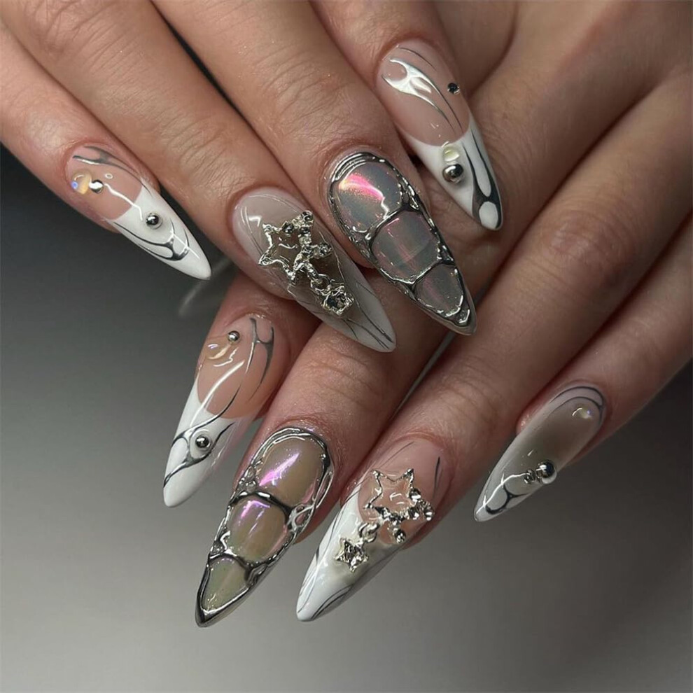 Silver Almond Metallic Press On Nails Aurora Fake Nail Tips For Women 24Pcs Longlasting Color