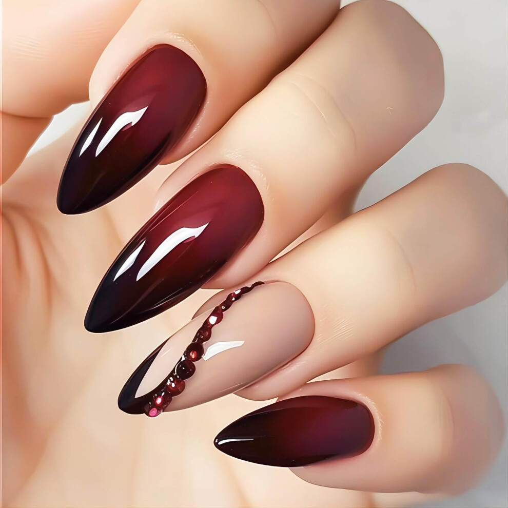 Red Almond Ombre Press On Nails Set With Rhinestones, Glossy Acrylic Fake Nails With Glue, 24Pcs