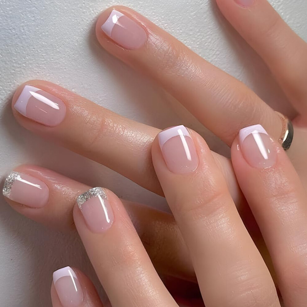 24Pcs Short Square French Tip Press on Nails Pink Nude with Glitter Includes Nail Glue