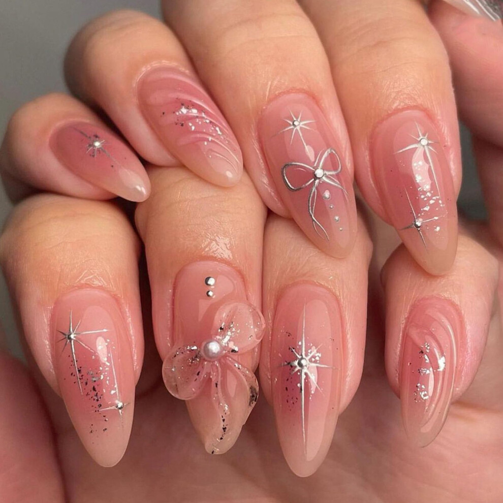 Pink Almond Press On Nails Fake Nails With Butterfly Bow 3D Glossy Water Ripple Design 24Pcs